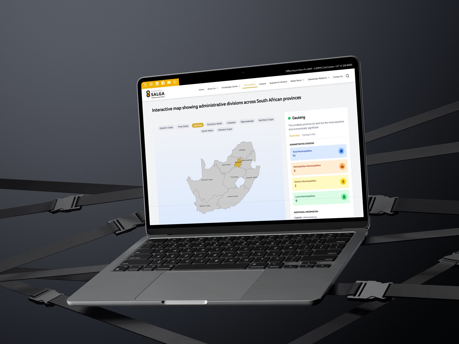 Interactive province explorer shown on laptop, drilling into Gauteng municipal data